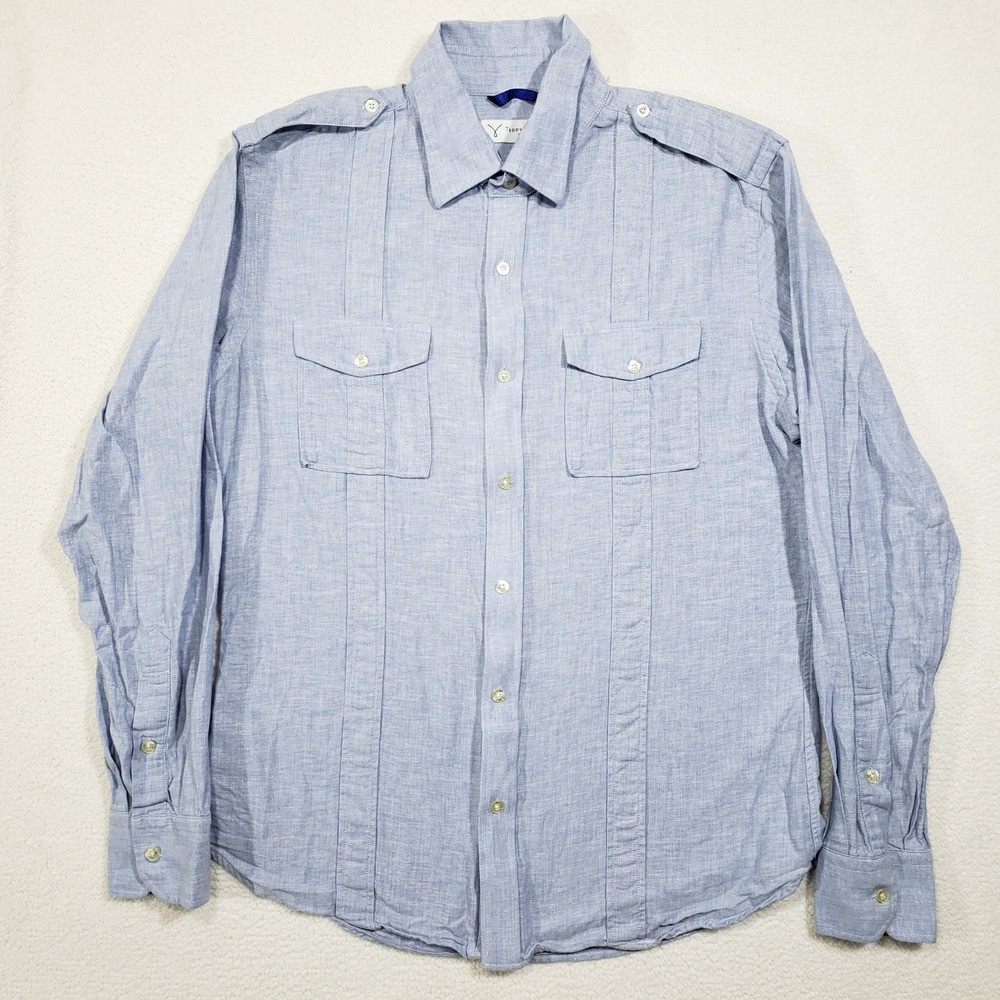 Teddy Stratford Linen Safari Shirt Men 2 Light Blue Cotton Epaulet Medium Button